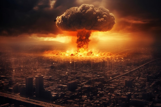 Explosion einer Atombombe über der Stadt bei Sonnenuntergang 3D-Rendering