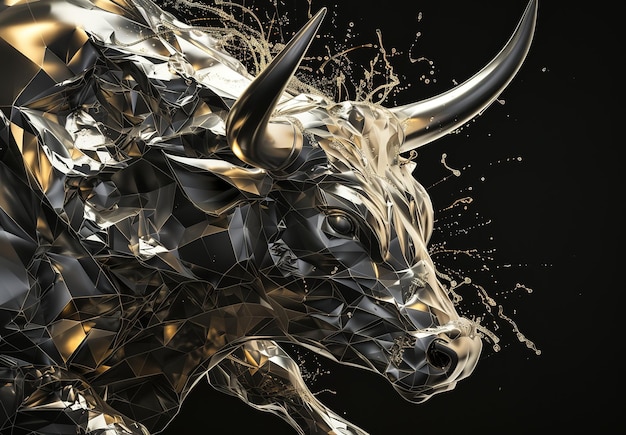 Explosión de la escultura del toro dorado una representación artística digital dinámica de un toro explotando