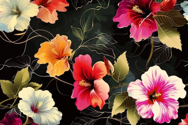 Explosión floral vibrante Una colorida variedad de flores ilustradas y remolinos sobre un fondo oscuro