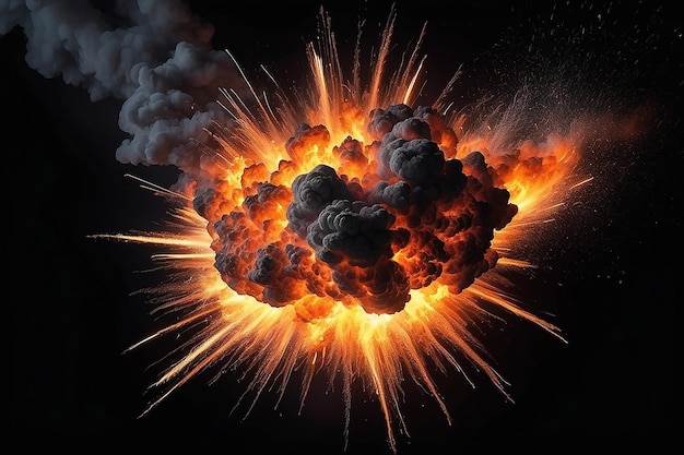 Explosión de fuego extremadamente caliente con chispas y humo contra un fondo negro