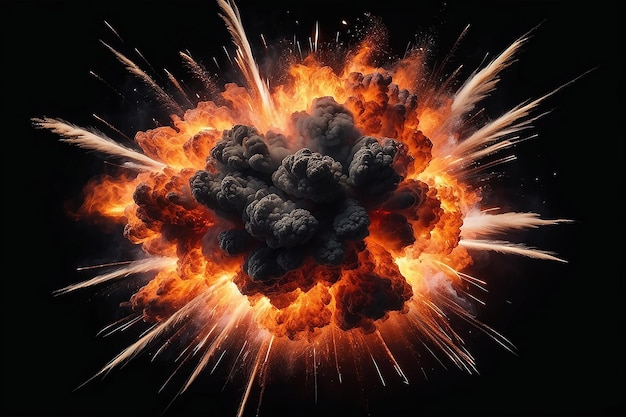 Explosión de fuego extremadamente caliente con chispas y humo contra un fondo negro