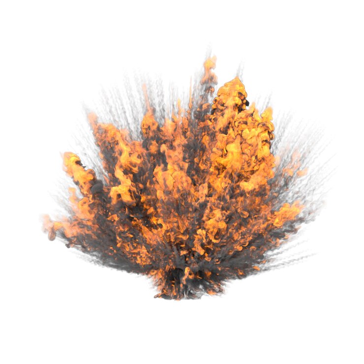 Foto explosión de fuego extremadamente caliente con chispas y humo gran explosión en tierra fuego y humo