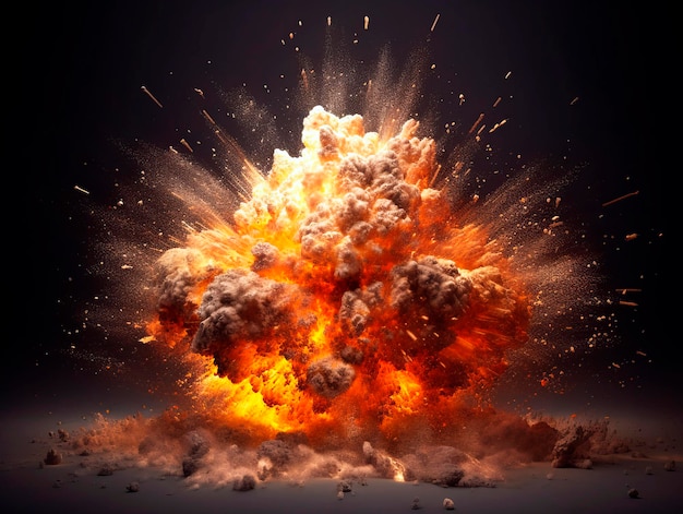 Explosión de fuego realista con chispas y humo sobre un fondo negro Ai Ilustración generativa