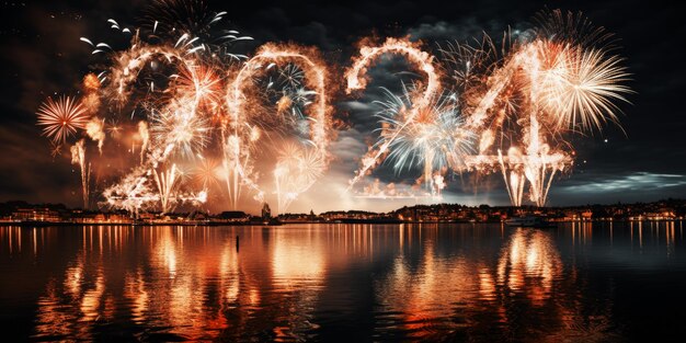 Foto explosión de fuegos artificiales en el cielo nocturno celebrando el feliz año nuevo 2024 disparo de fuegos artificiales nacionales en el hermoso cielo para un día de año nuevo del año 2024.