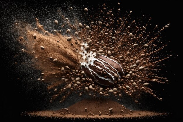 Foto una explosión de granos de café tostados y granos de café molidos contra un fondo negro