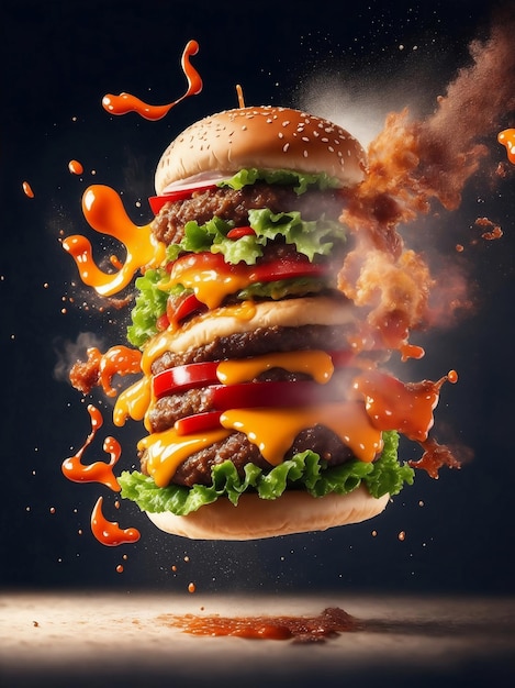 La explosión de una hamburguesa Ilustración de IA generativa