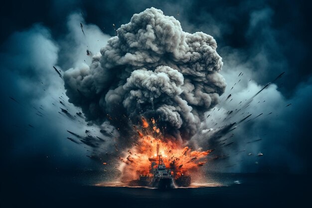 explosión de humo al estilo de escenas militares y navales sobre fondo oscuro