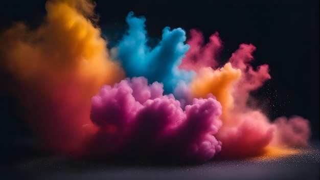 Explosión de humo colorido sobre fondo negro Ilustración 3D abstracta