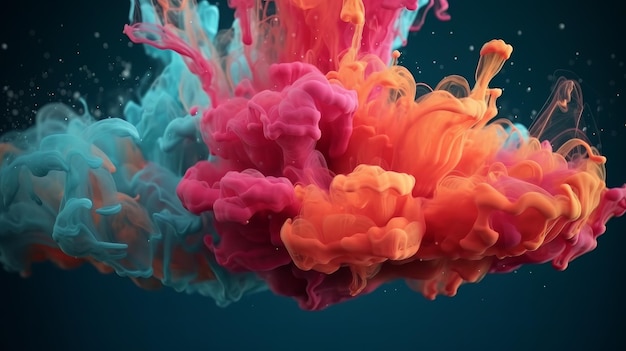 Explosión de humo fluido colorido sobre fondo oscuro Generativo ai
