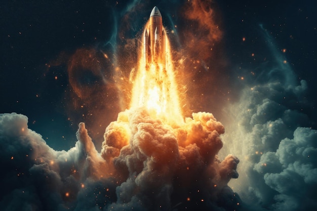 Explosión de lanzamiento de cohete de papel tapiz espacial con explosión de fuego Ilustración AI GenerativexA