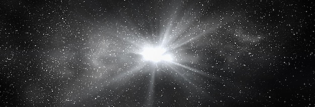 Explosión de luz en el espacio Noche cielo estrellado negro y banner de fondo horizontal de galaxia brillante