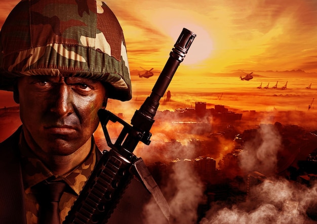 Explosión militar y retrato de soldado con fuego en zona de guerra para servicio militar y batalla en camuflaje. Conflicto de maqueta y rostro de hombre con helicóptero para defensa o guerra de las fuerzas armadas.