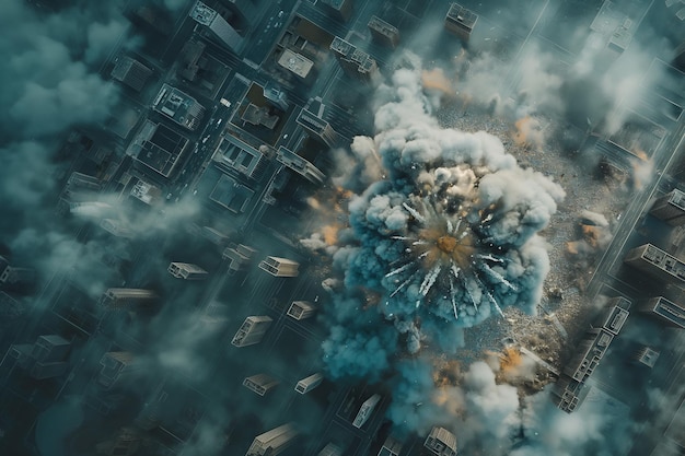 Foto la explosión de un misil nuclear o táctico en el centro de una metrópolis vista superior