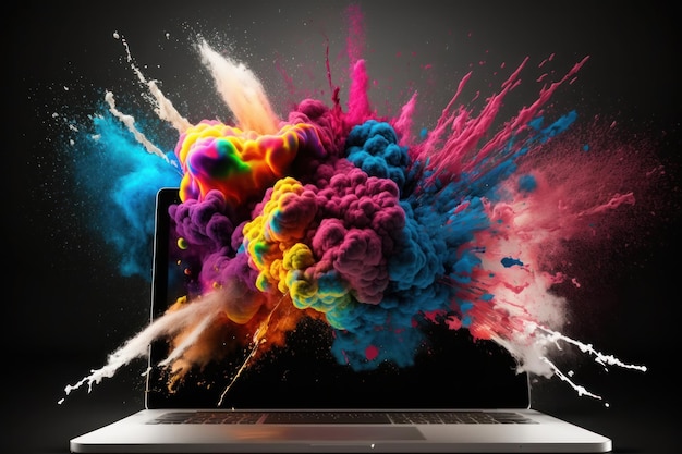 Explosión multicolor de pintura en polvo de arco iris en el fondo de una computadora portátil Laptop con salpicaduras de color Generative Ai