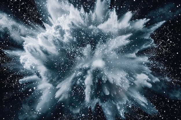 Foto explosión de una nube de nieve en polvo blanca sobre un fondo oscuro