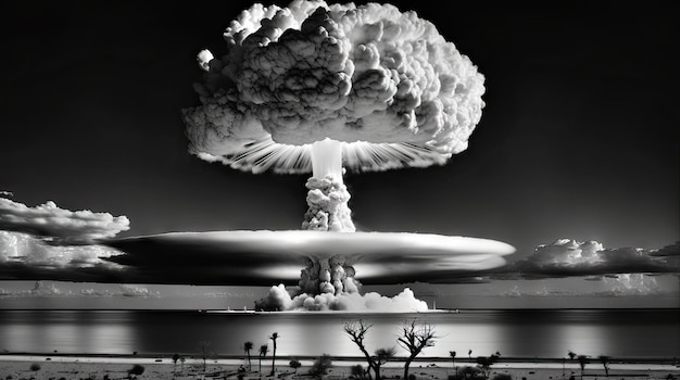 Foto explosión nuclear en blanco y negro bomba nuclear hongo nube radiactiva ia generativa