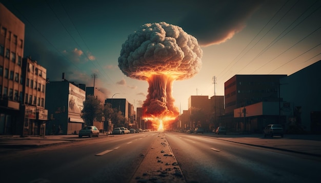 Una explosión nuclear en el centro de la ciudad.