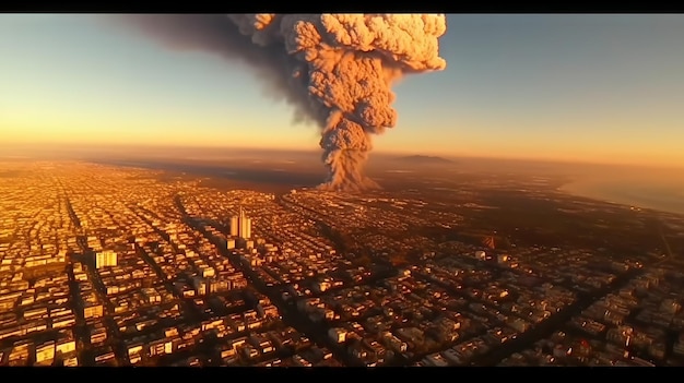 Explosión nuclear en la ciudad al atardecer IA generativa