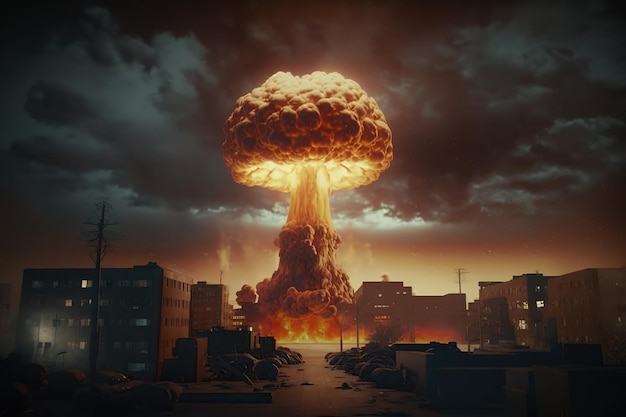 Explosión nuclear en una ciudad. Arte generativo Ai. Edificios colapsados por la explosión.