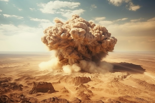 Explosión nuclear en el desierto Bocanadas de arena y ceniza contra el cielo Apocalipsis Guerra Amenaza nuclear Tercera Guerra Mundial