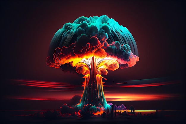 Explosión nuclear futurista guerra futura colores neón fondo oscuro creado con tecnología generativa ai