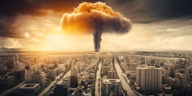 Explosión nuclear en la gran metrópolis Paisaje urbano gris con hongo atómico de humo naranja en el medio Concepto de guerra y apocalipsis Vista desde arriba IA generativa