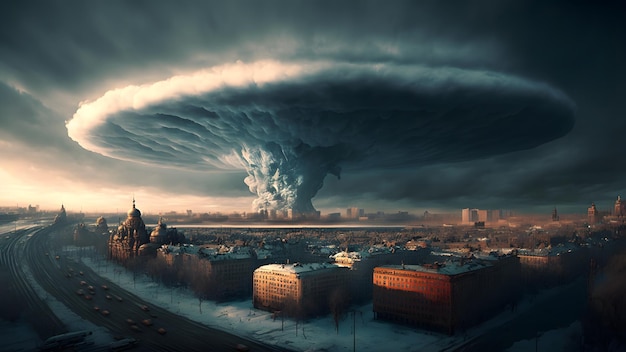 Explosión nuclear nube en forma de hongo sobre la ciudad rusa en la mañana de invierno arte generado por la red neuronal