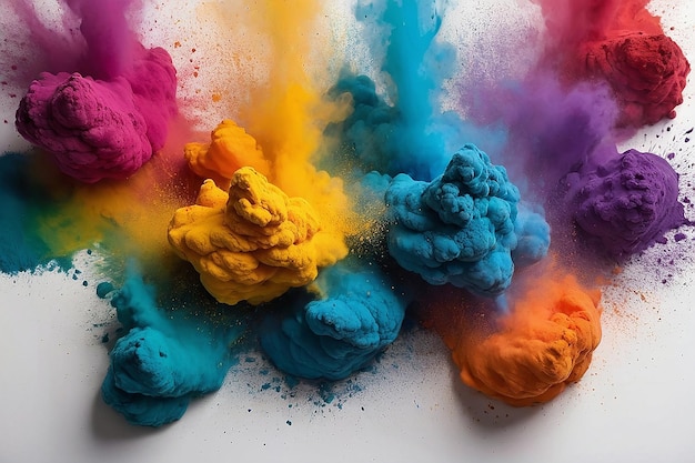 Explosión de pintura holi arco iris vibrante con color en polvo en un fondo blanco aislado