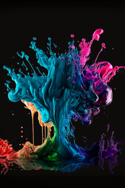 Explosión de pintura líquida en colores del arco iris con salpicaduras Ai generativo