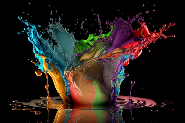 Explosión de pintura multicolor abstracta con salpicaduras sobre fondo negro AI generativo