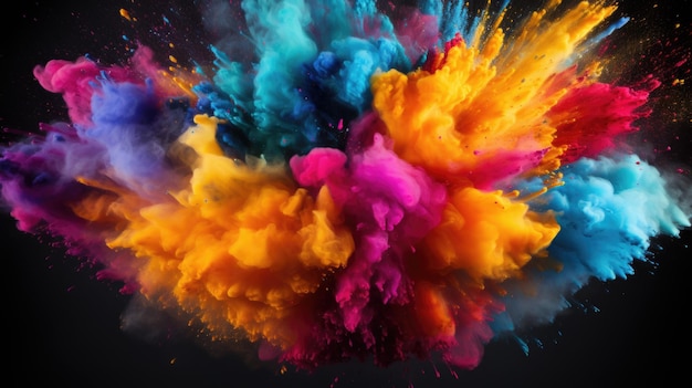 Explosión de polvo de arco iris de colores sobre fondo negro colorido toque de colores holi abstractos