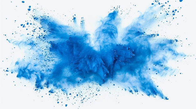 Explosión de polvo azul vibrante capturada en el aire El color azul brillante se dispersa dramáticamente sobre un fondo blanco Ideal para proyectos artísticos y creativos que necesitan imágenes dinámicas y enérgicas IA
