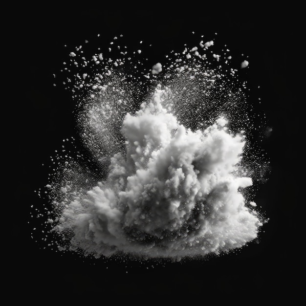 Explosión de polvo blanco aislado sobre fondo negro renderizado 3d