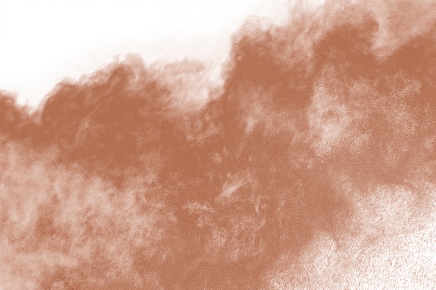 Explosión de polvo de color marrón sobre fondo blanco.