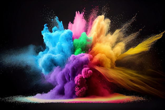 Explosión de polvo de color de pintura holi de arco iris colorido aislado sobre fondo negro ai generativo