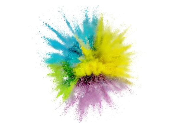 Explosión de polvo de color sobre un fondo blanco. Polvo de primer plano abstracto sobre fondo. Explosión de colores. Pintar holi