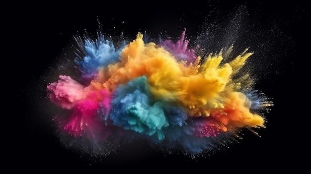 Explosión de polvo de colores sobre fondo negro creada con tecnología de IA generativa