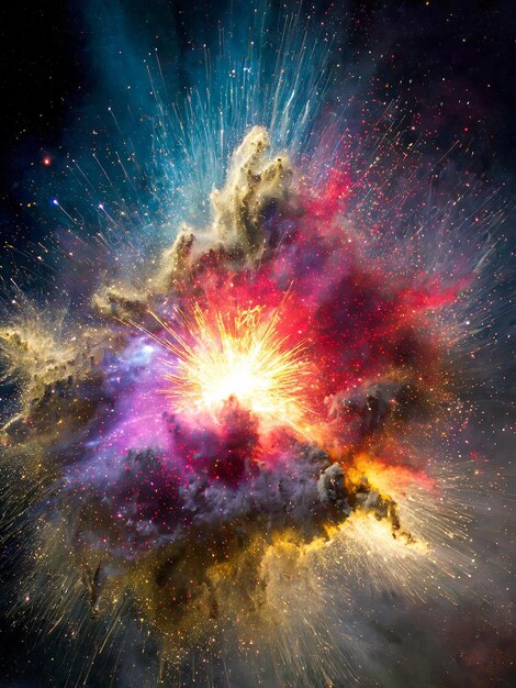 Foto una explosión de polvo colorido crea una impresionante exhibición de tonos brillantes contra un fondo de cielo oscuro