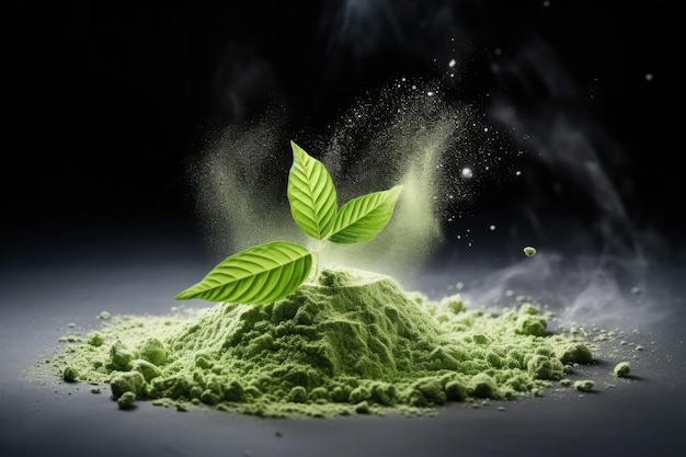 Foto explosión de polvo con hojas de kratom para una maqueta de té matcha