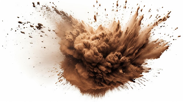 Explosión de polvo marrón oscuro sobre fondo blanco.