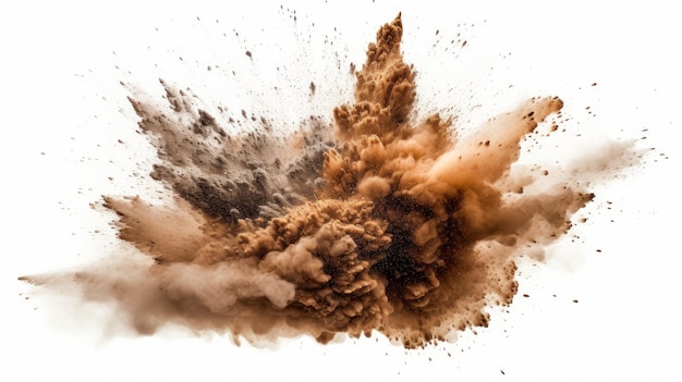 Foto explosión de polvo marrón oscuro sobre fondo blanco.