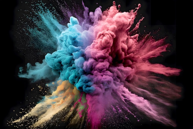 Una explosión de polvo multicolor sobre un fondo blanco.