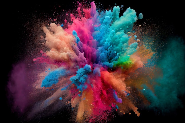 Explosión de polvo de pintura holi de arco iris colorido sobre ilustración de fondo negro