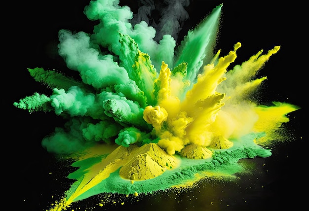 Una explosión de polvo verde y amarillo de Holi contra un fondo negro