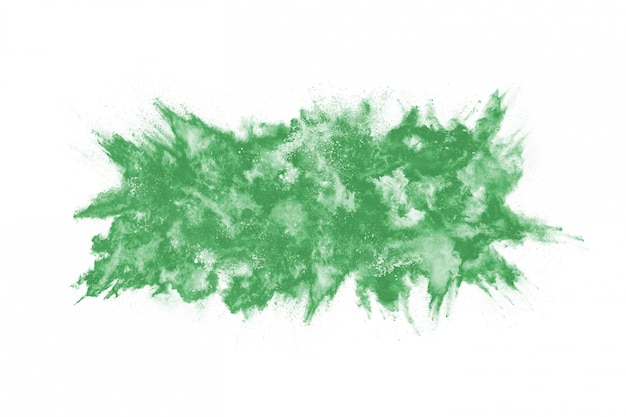 Explosión de polvo verde sobre fondo blanco.