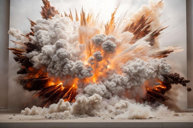 Explosión realista de fuego sobre un fondo blanco Explosión de polvo nublado 3d i