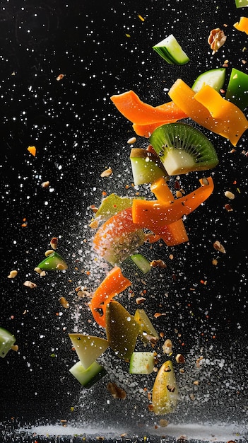 Foto explosión de rebanadas de frutas frescas y nueces en el aire dinámica y vibrante perfecta para la publicidad