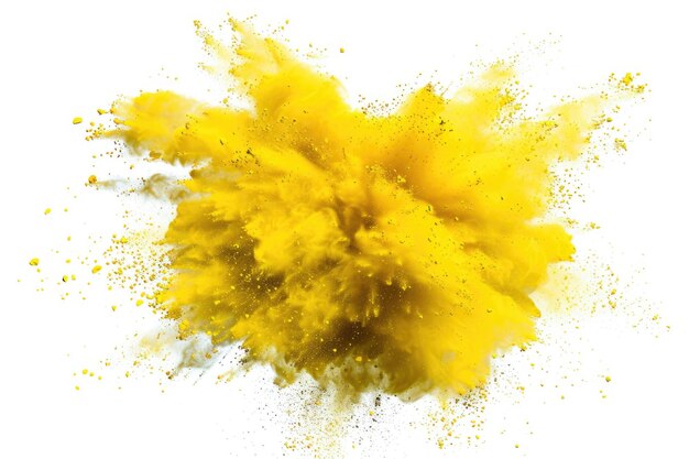 Una explosión repentina e intensa de polvo amarillo sobre un fondo blanco limpio