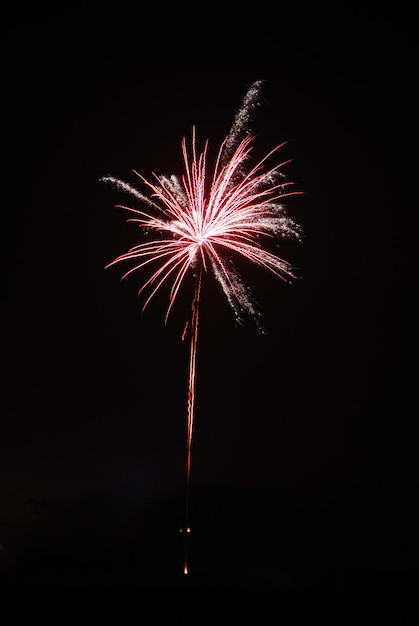 Explosión roja y plateada en los fuegos artificiales en la noche de fin de año