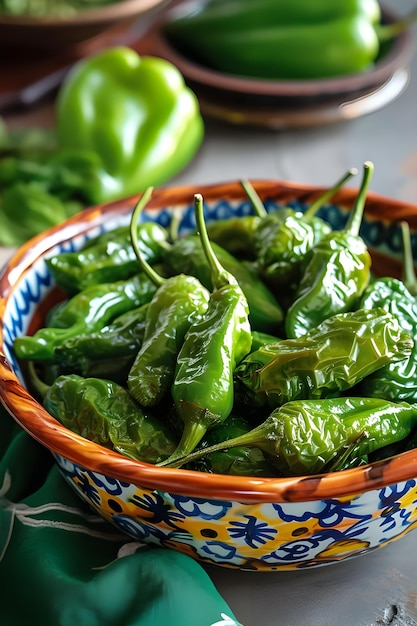 Foto una explosión de sabor de pimientos verdes con ampollas en una fiesta de tapas